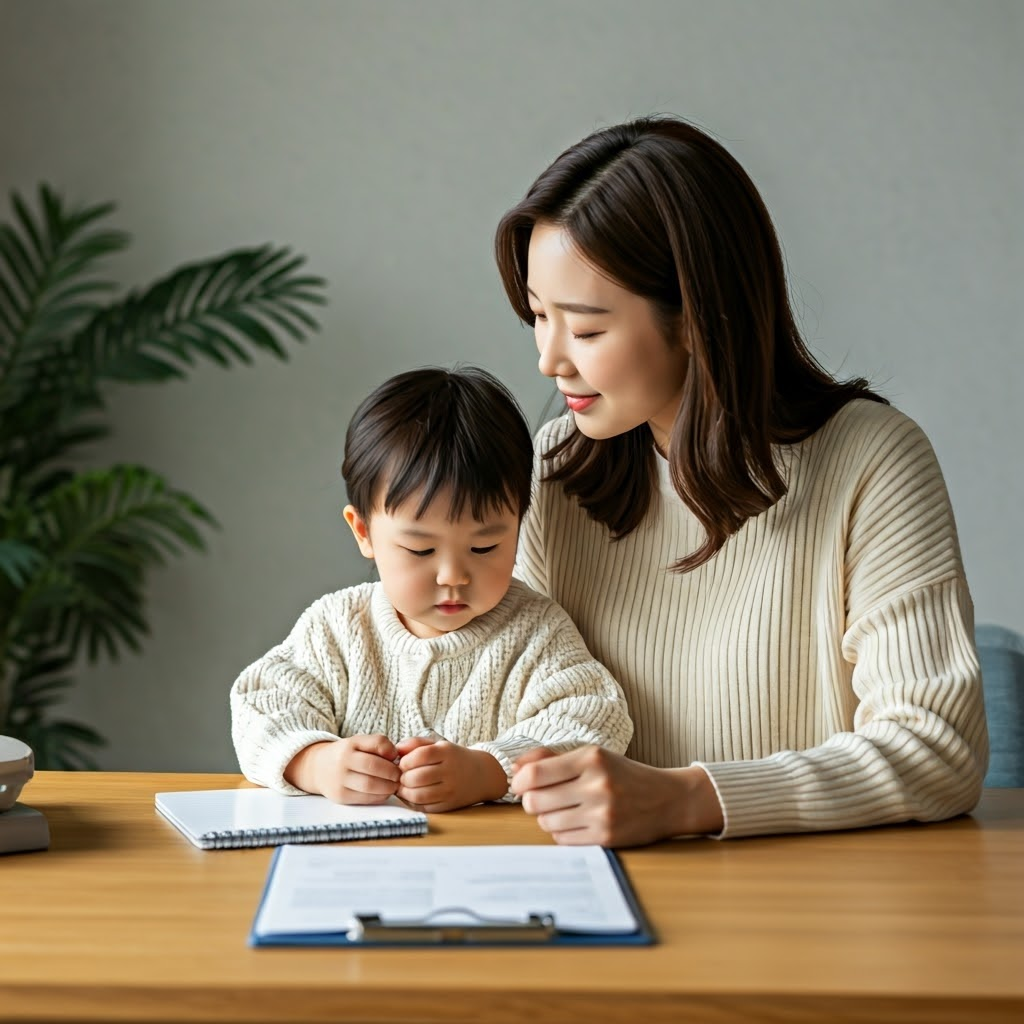 a woman and a child sitting at a desk