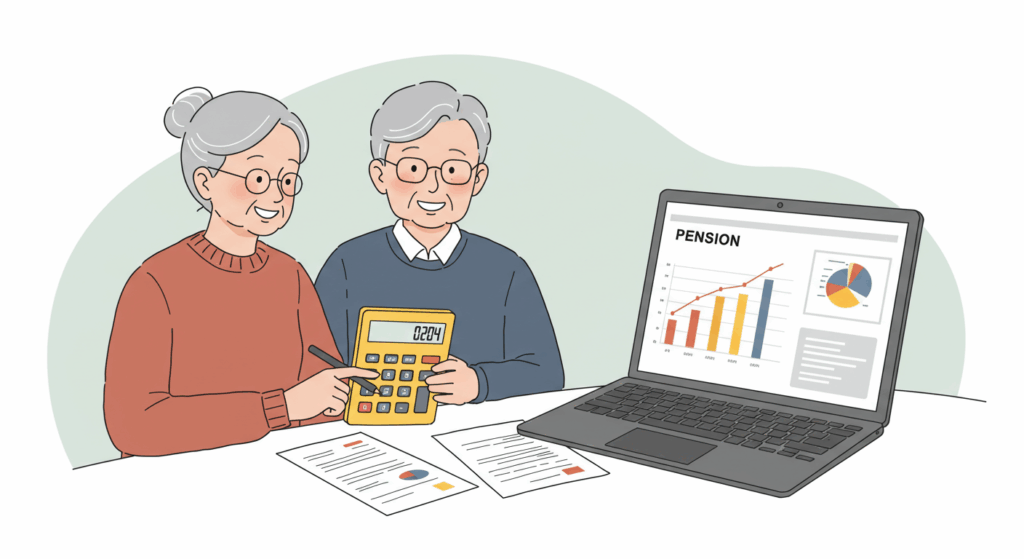 노란 계산기와 서류를 보며 미소 짓는 60대 부부, 옆에는 연금 수령액 그래프가 띄워진 노트북 화면