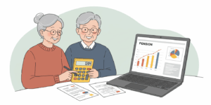 노란 계산기와 서류를 보며 미소 짓는 60대 부부, 옆에는 연금 수령액 그래프가 띄워진 노트북 화면