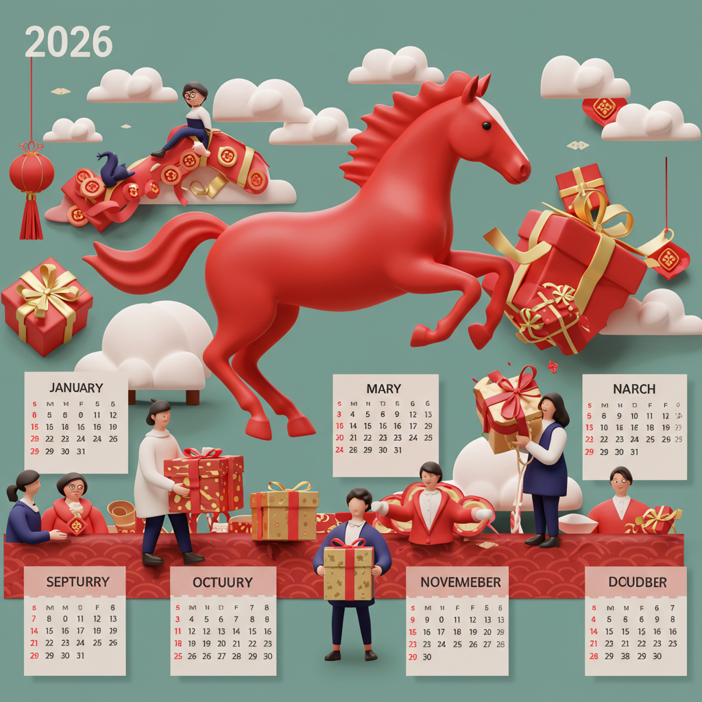 붉은 말이 역동적으로 달리는 2026년 달력