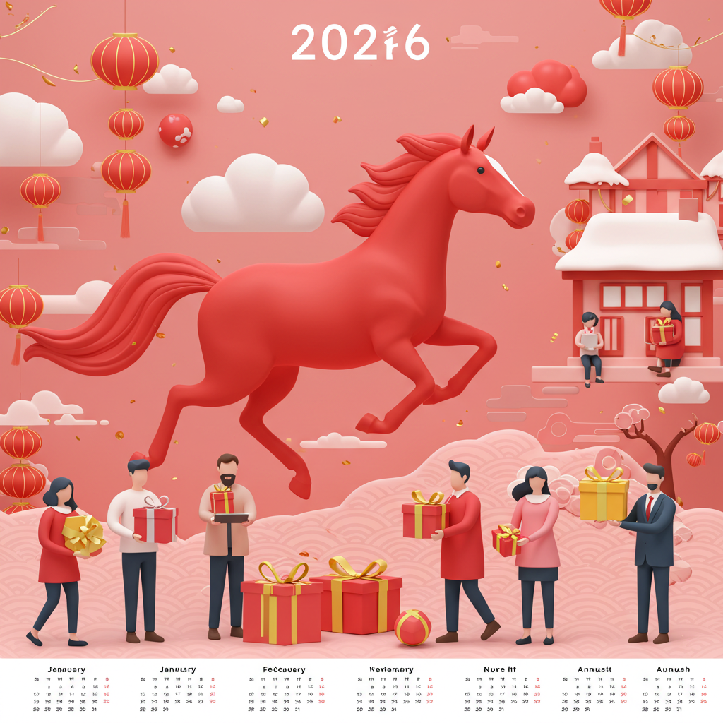 붉은 말이 역동적으로 달리는 2026년 달력