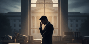 법원 건물을 배경으로 고민하는 사람. 파산신청 비용