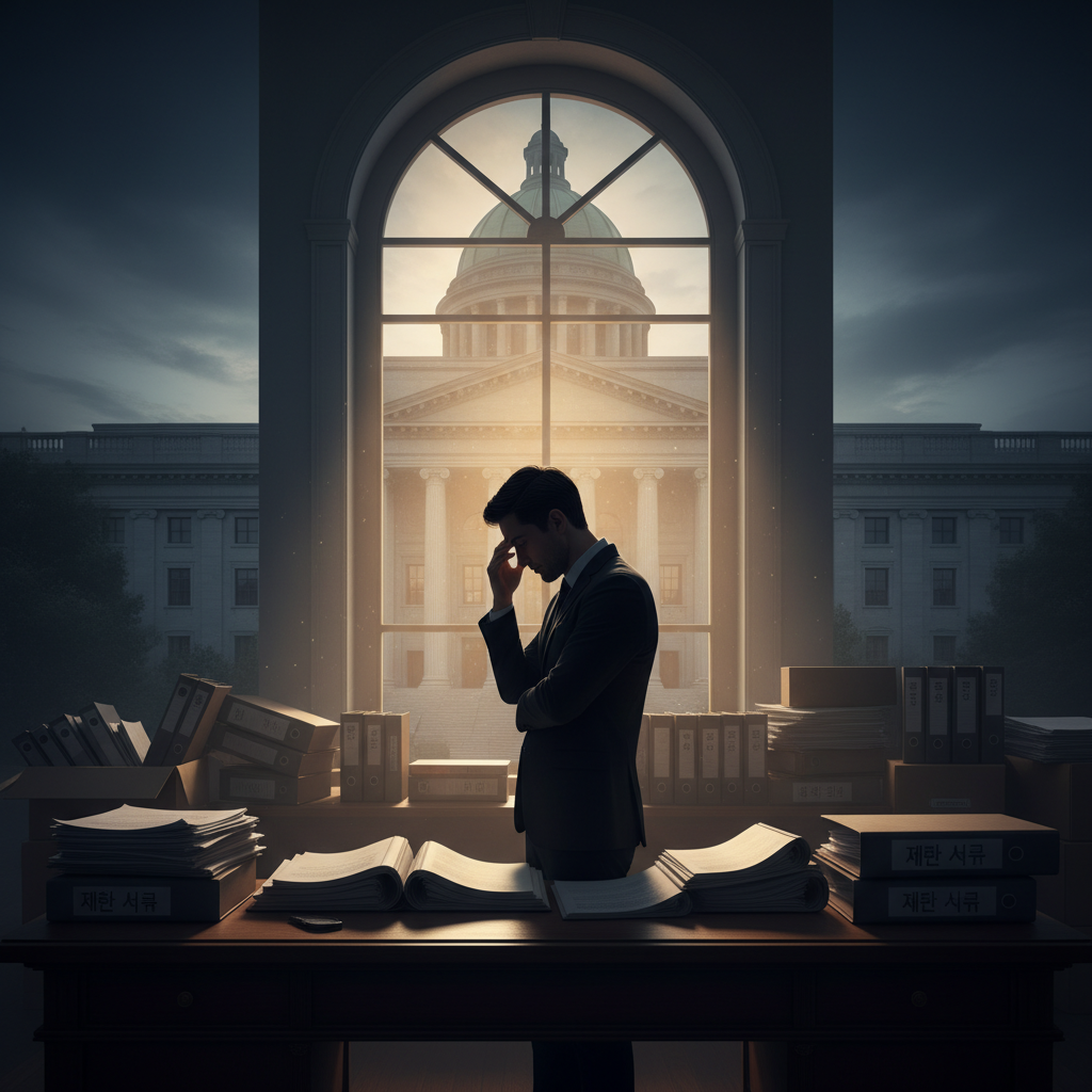 법원 건물을 배경으로 고민하는 사람