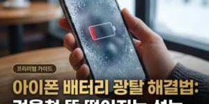아이폰 배터리 광탈 겨울 배경의 아이폰과 배터리 충전 아이콘 그래픽