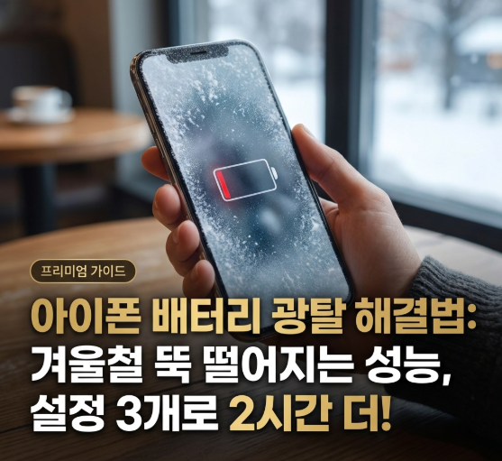 아이폰 배터리 광탈 겨울 배경의 아이폰과 배터리 충전 아이콘 그래픽