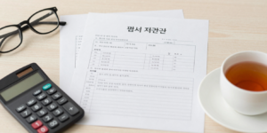 기초연금 신청 서류와 계산기가 놓인 책상 위의 차분한 분위기