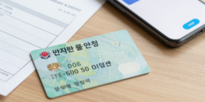 나무 책상 위에 공과금 고지서와 스마트폰 옆에 놓인 체크카드