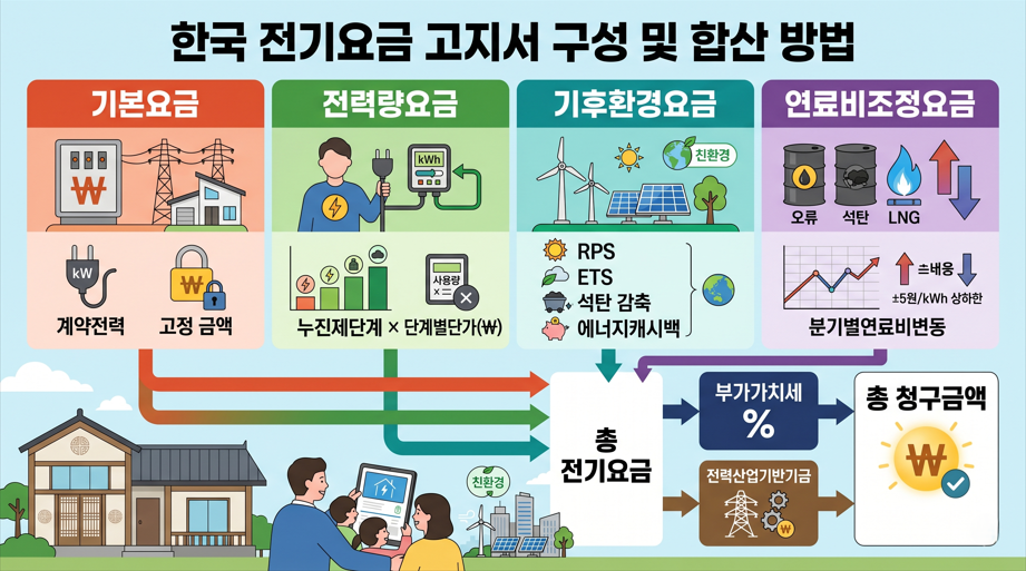 전기요금 고지서 항목 구성 기본요금 전력량요금 기후환경요금 연료비조정요금 설명 인포그래픽