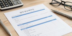 건강보험 피부양자 자격 확인을 위해 서류와 계산기를 펼쳐둔 책상 위의 모습