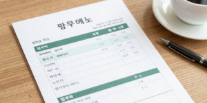 나무 테이블 위에 놓인 전기요금 고지서와 커피 한 잔, 펜이 함께 있는 생활 밀착형 이미지