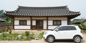 은퇴 후 건강보험료 절감을 상징하는 한적한 시골 주택과 소형 자동차가 보이는 풍경