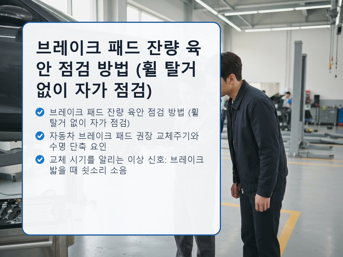 브레이크 패드 잔량 육안 점검 방법 (휠 탈거 없이 자가 점검) 내용을 보여주는 실제 상황